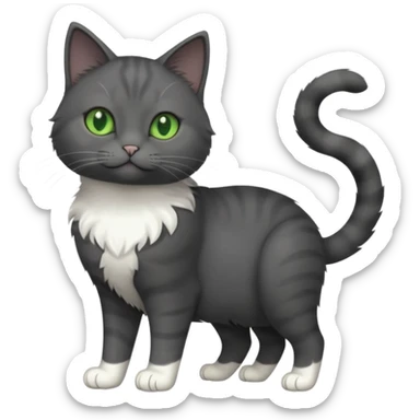 full body view of beautiful female solid dark grey cat with green eyes, white toes/paws and white patch on her chest sticker