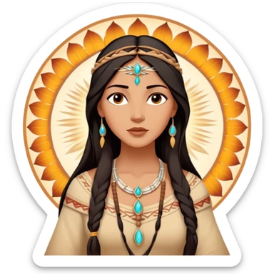 Cinematic Radiant Pocahontas Portrait Emoji, rendered in a vector-style with clean lines. Show Pocahontas with luminous, sun-kissed skin and flowing dark hair adorned with subtle natural ornaments, her expression calm and kind, dressed in simple traditional attire with earthy tones. The image glows softly with a warm, inviting radiance, enhanced by a soft glowing outline. sticker