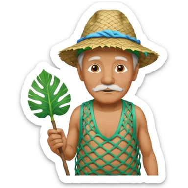 Hawaiian old man with leaf hat and big trash net and colorful cloth sticker