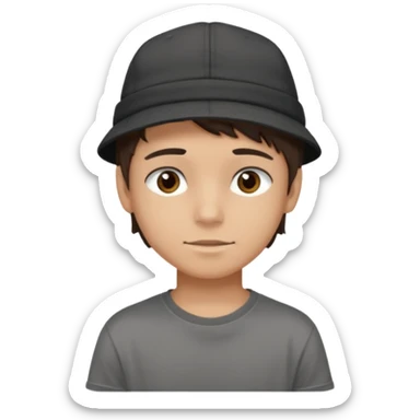 Create a teen boy wearing a faded black T-shirt. He will have brunette hair, tan skin, and dark brown eyes. He is wearing a gray hat turned backwards. sticker
