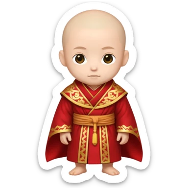 A small chibi-style monk character with red ceremonial robe with layered fabric and decorative gold-like patterns

 sticker
