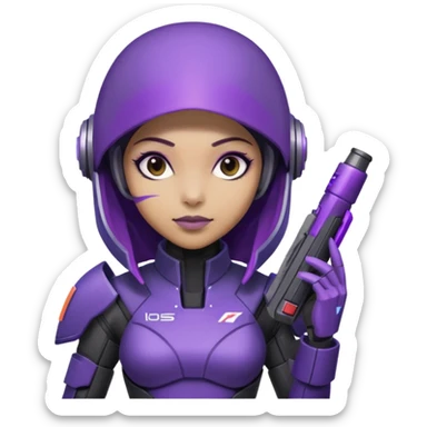 cute Tali'zorah from Mass Effect, full suit, purple visor, holding omni-tool sticker