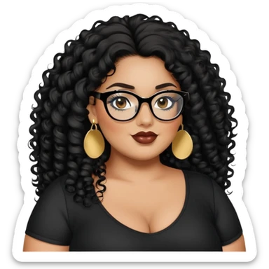 big plus size, latina, darker tan skin, long black curly hair, baddie,pretty, makeup, lipgloss, black eyeliner, long hair, small gold earrings, black top, black glasses sticker