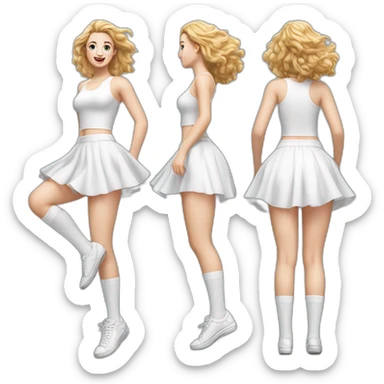 Hyperrealistic Full body Caucasian curvy beauty jumping short white skirt back and front views strong wind knickers long white socks sticker