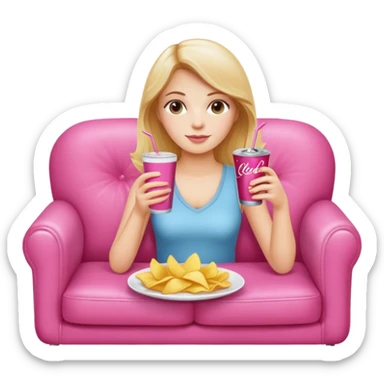 home white girl with plate of chips and soda drink, sitting at the pink sofa sticker