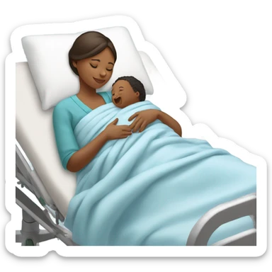 A mother lying on a hospital bed, cradling her newborn baby wrapped in a soft blue swaddle blanket.






 sticker