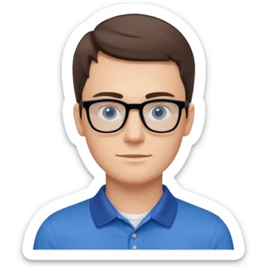 Young white man, late 20s, short brown hair, blue eyes, clean-shaven, thin black rectangular glasses, slim build, wearing a blue polo shirt, friendly and energetic look. sticker