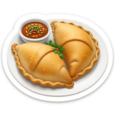 Cinematic Realistic Colombian Cornmeal Empanadas Emoji, showcasing the golden, crispy shell filled with savory meats and spices, served with a side of aji dipping sauce, rendered with vibrant textures and warm, inviting lighting. sticker