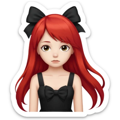 red long twin tail hair girl with black bow on her hair wearing black dress with a sad face sticker