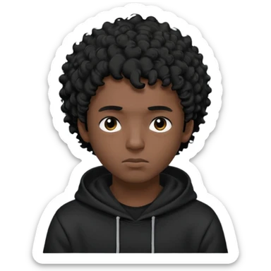 Emoji with guy with curly black hair and short quiff hairstyle, he is looking similar to music artist Central Cee, wear black t-shirt and black hoodie with hood pulled on his head. Looking straight at us, without deforming his face sticker
