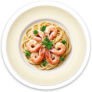 create a Whole Shrimp Linguini stylized thicker  with white plate Camera angle: slightly elevated top-down view with a gentle bird’s-eye perspective (about 15–20°), identical perspective and scaled do not add anything on plate


 sticker