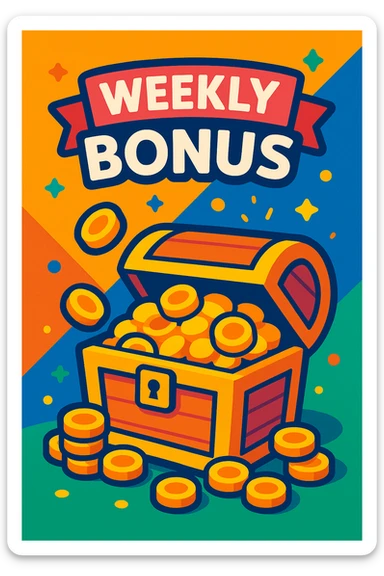 treasure chest overflowing with coins and a 'Weekly Bonus' banner, cheerful game-inspired style sticker