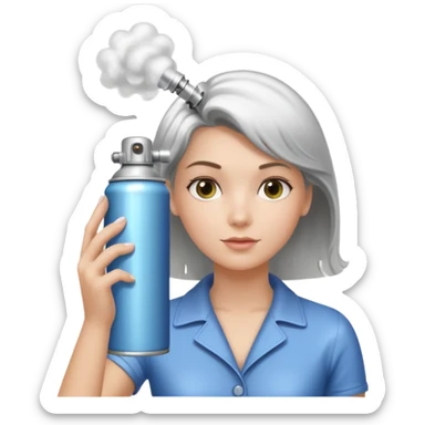 In her hand - a classic aerosol hairspray can (metallic cylinder, small spray nozzle on top). The can is spraying fine mist particles toward her hair, clearly visible as light translucent spray cloud. sticker