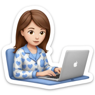 A brown hair, white skin woman at home with pajamasscrolling, with a laptop open to a work document sticker