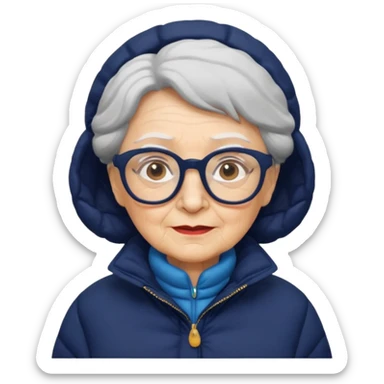 old wo man in navy puffy winter coat, wearing glasses sticker
