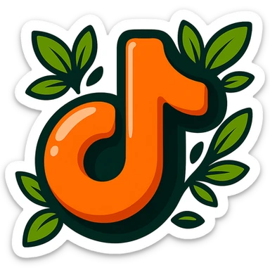 Very rounded, puffy TikTok logo in cartoon style, thick outline, dramatic shadows, shiny highlights, surrounded by vivid leaves, no background. Focus on contours, shadows, and glossy effects, matching the reference style. sticker