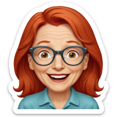 obese; older 50's ; long red hair ; women hazel eyes; glasses ; laughing sticker