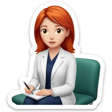 “Red-haired therapist in a calm, modern therapy room, attentively listening to a client, warm lighting, realistic style.” sticker