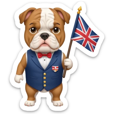 English bulldog tour guide holding a small flag sticker