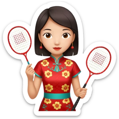 ancient cheongsam girl with 1 badminton racket, red sticker