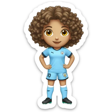 girl with short curly brown hair and eyes wearing Manchester City football shirt, fluro orange soccer boots, standing with a soccer ball sticker
