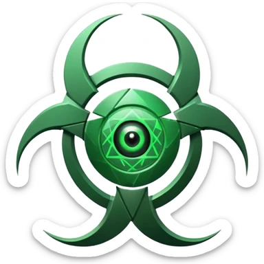 Minimalist emoji-style sticker of a fractured biohazard symbol with a small eye in the center. Stylized, geometric, no text.
 sticker