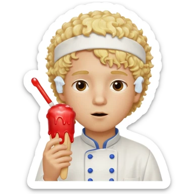 boy blonde curly hair, chef, eating ice pop sticker