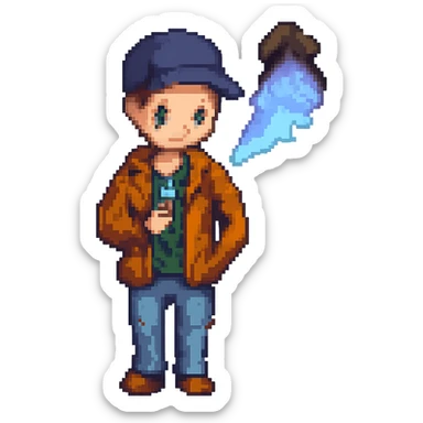 Add a baseball cap to the guy vaping in pixel art style, no background. sticker