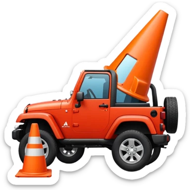 red Jeep Wrangler with a completely all-white traffic cone flattened under the tire, no orange, no stripes, no markings, emoji style sticker
