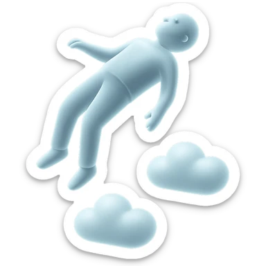 unconscious person flying vertically, clouds small, very bright white, fluffy, convex, matte glass style sticker