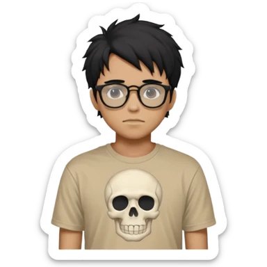 black anime hair guy with skeleton makeup wearing a stussy tshirt with glasses sticker