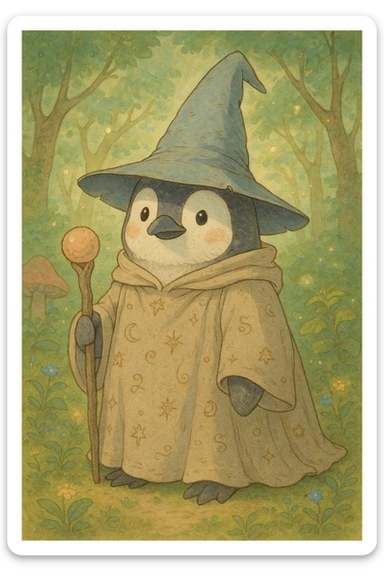 penguin wizard, detailed, whimsical, soft colors, ghibli style sticker