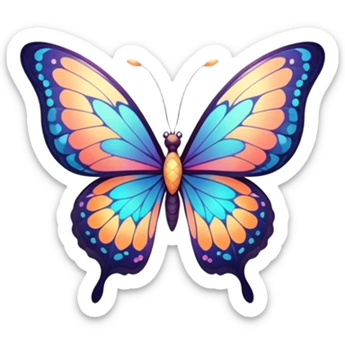 Cinematic Elegant Butterfly Portrait Emoji, Poised and ethereal, with delicate, intricately patterned wings in a kaleidoscope of soft, vibrant colors, a slender, graceful body, and gentle, observant eyes, Simplified yet exquisitely delicate features, highly detailed, glowing with a soft, radiant luminescence, high shine, intelligent and enchanting, stylized with an air of whimsical floral elegance, focused and poised, soft glowing outline, capturing the essence of a watchful butterfly that appears ready to flutter out of the screen with magical grace! sticker