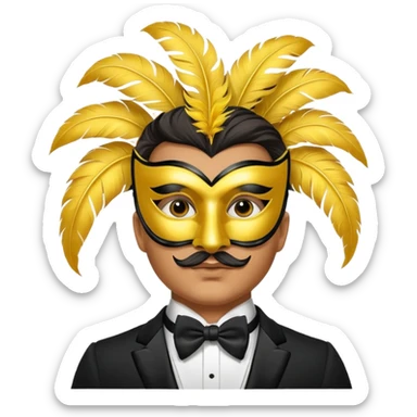 A man facing forward wearing a tuxedo with a yellow canary mask. The canary mask is in the style of a Venetian carnival mask. sticker