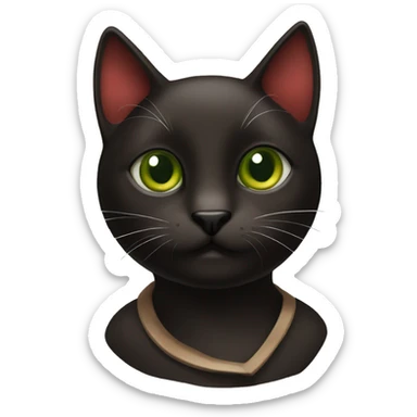 a dark brown and black cat with white spot in a chest with forest green and brown eyes with red collar sticker