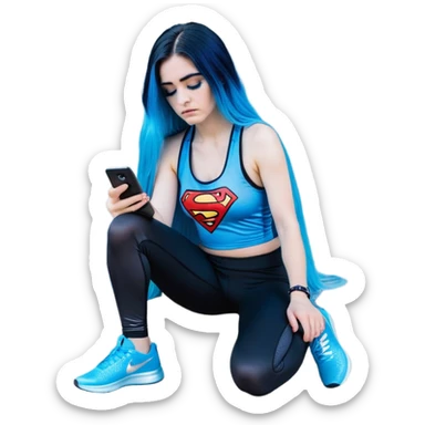 Shameful disappointed crying-very very very very big chest-texting on a samsung cell phone-very long straight flowing black to sky blue hair ombre-blue eyes-black eyeliner-long eyelashes-plastic sparkling sky blue very low cut tank top with sparkling superman logo-black leggings-nike sneakers sticker
