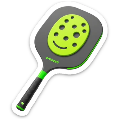 Modern Pickleball paddle graphite without holes, dark grey. 1 ball beside or on top the paddle florescent green at 45 degrees sticker