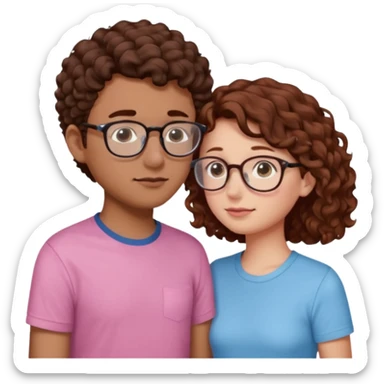 a couple where de girl has short, redish brown hair, pink shirt and the boy has short curly dark brown hair, has glasses and has light blue shirt. they are facing each other and their noses touch sticker