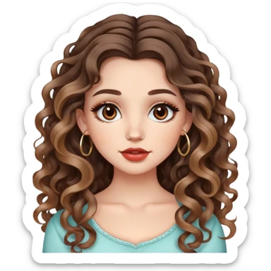 cute girl with not volominous VERY LONG curly/wavy brunette hair with balayage, brown eyes, full lips, cute makeup and hoop earrings white girl: in love face sticker