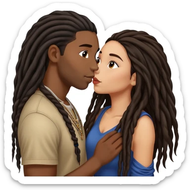 Latina Woman with long hair kissing a young black guy with dreads no beard sticker