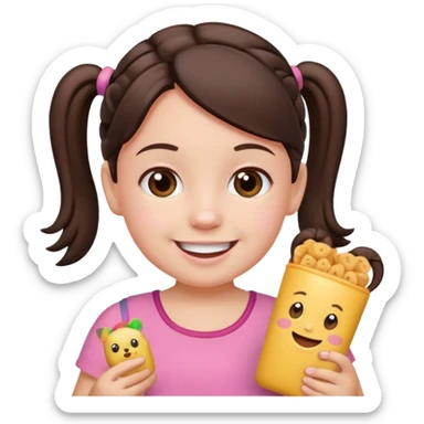Toddler emoji with two pigtails dark brown hair, fair skin, in pink top, holding toddler snacks sticker