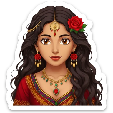 A beautiful Romani woman with deep, expressive eyes and long, wavy dark hair. She wears a vibrant, traditional outfit with intricate patterns and golden jewelry. A single red rose is tucked behind one ear, adding a touch of elegance. Her expression is confident and mysterious, with warm lantern light casting a soft glow on her face, evoking a sense of freedom and passion sticker