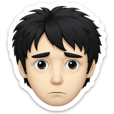 Hair: Messy, shaggy black hair that sticks out in uneven tufts, like he never bothers to style it.

Eyes: Big, heavy-lidded eyes with dark circles/eye bags, giving him a tired, haunted stare.

Skin: Very pale complexion sticker