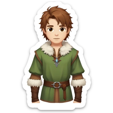 medieval spring outfit worn by a DnD themed fantasy male character. cotton tunic with sleeves rolled to the elbow, featuring a light fur-lined collar for chilly mornings. clothes only above the waist. The clothes full waist. The character's haven't arms. character is white-skinned, chestnut brown hair, amber eyes, shoulder-length messy hair. sticker