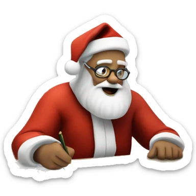 Father Christmas is sitting on a desk, writing something down on a sheet of paper, solving complicated math puzzles  sticker