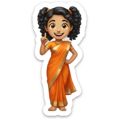 smiling and pointing 3 years old indian girl with black curly hair in pigtails wearing a orange saree sticker