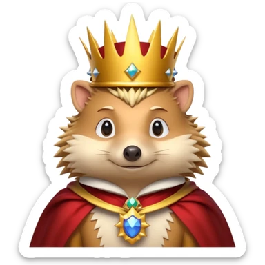 king hedgehog portrait, head and shoulders only, wearing a small golden crown, royal cape collar, proud confident expression, cute spiky fur details, fantasy royal vibe, 3D cartoon, mobile game icon style, clean background, no text, no watermark
 sticker