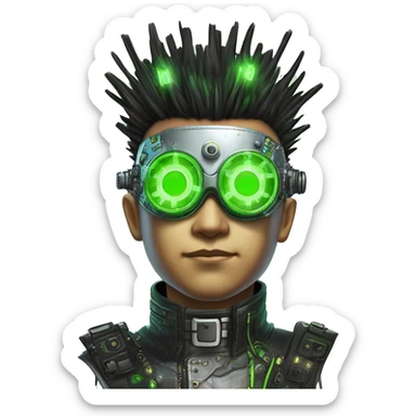 Mohawk hair with neon green highlights Asian male cyborg head with neon silver steampunk goggles and circuits sticker