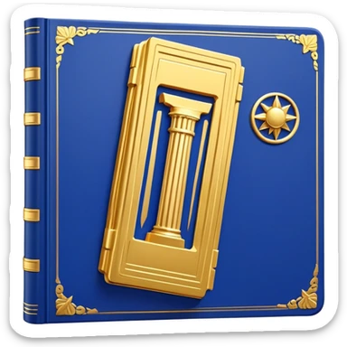 A golden yellow book with royal blue accents, smooth and polished, embossed with a symbol of six pillars, a sun, or a glowing mirror, radiating strength, confidence, and the power of self-worth.  sticker