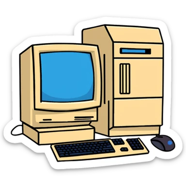 Early 2000s desktop computer, beige plastic casing, CRT monitor with blue screen, tower CPU with CD drive, separate wired keyboard and mouse, simple tech setup sticker